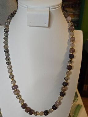 Multi-Color Beaded Necklace with Gold Accents - Purple & Gray